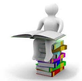 Person sitting on tops of books